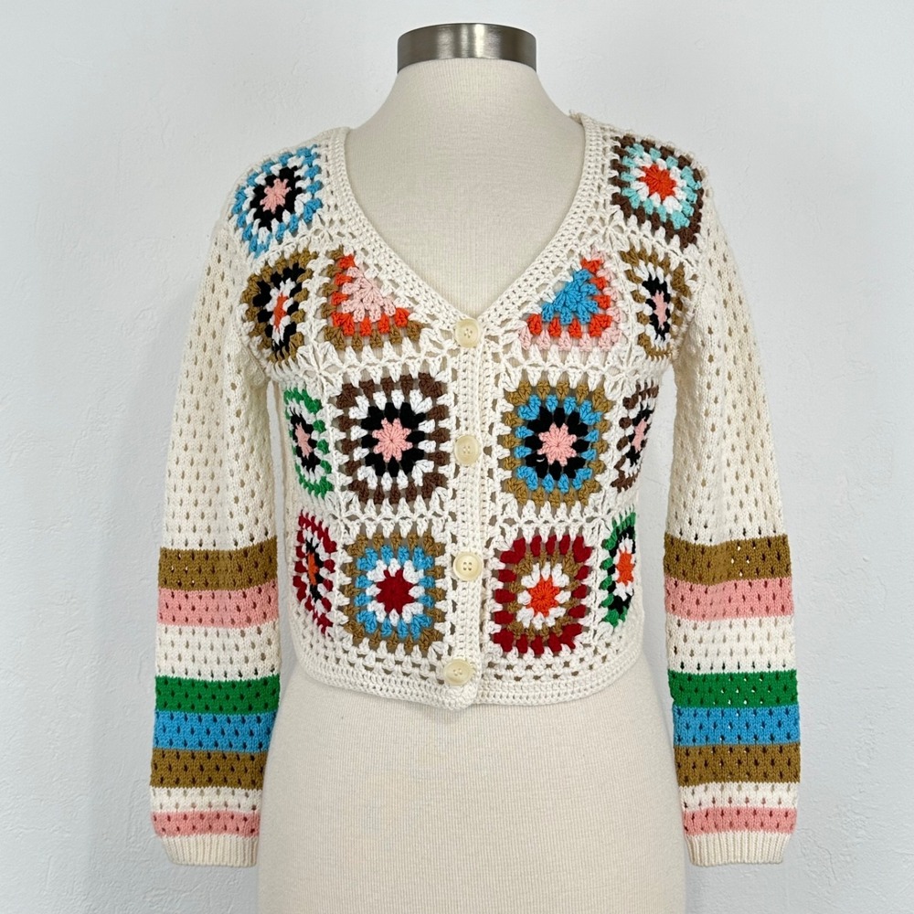 Womens Hippie Boho Festival Cardigan Sz Medium Granny Square Crochet Open Knit